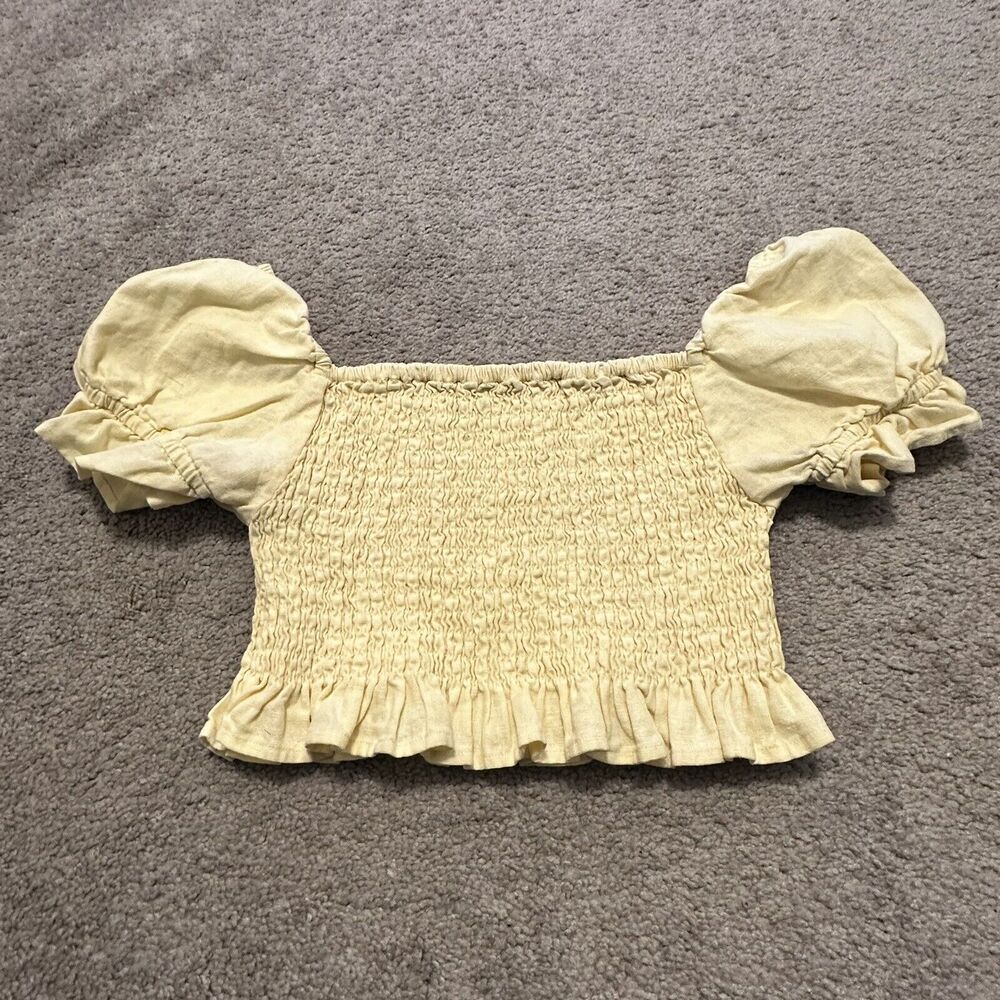 Ghanda Yellow Smocked Puff Sleeve Crop Top Linen Cotton Size S